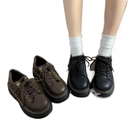 Campus Versatile British Style Small Leather Shoes for Women Spring New Heightening Thick-Soled Brown Shoes