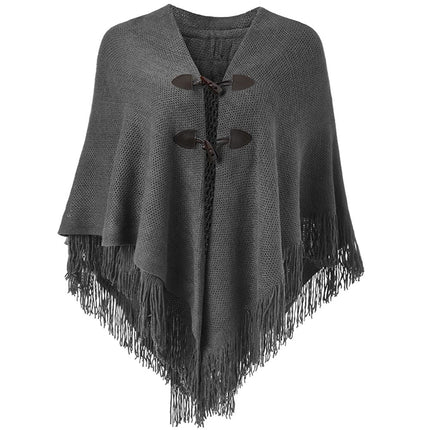 Autumn and Winter New Shawl Cloak Tassel Horn Button Pure Color Asymmetrical Double Layer Tassel Cloak Shawl Warm and Thickeneded