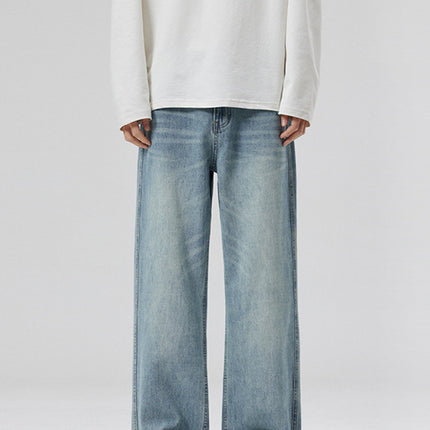 LKTM Men's# Spring and Summer light blue Washed Cat Whiskers Jeans Men's and Women's Trendy All-match Loose Straight Pants
