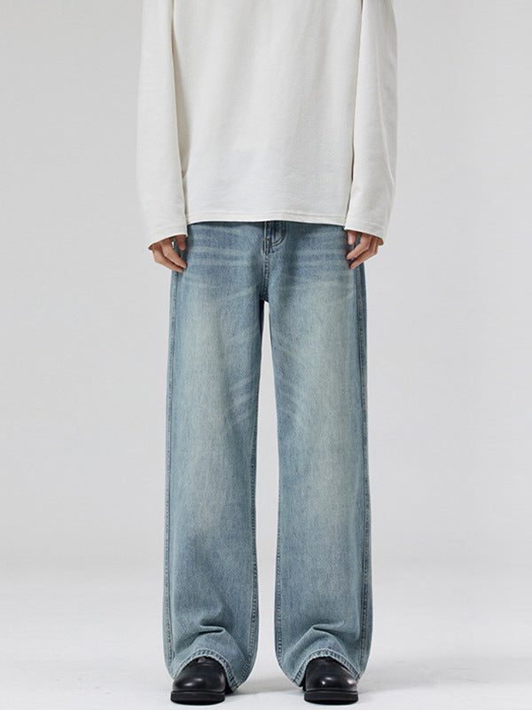 LKTM Men's# Spring and Summer light blue Washed Cat Whiskers Jeans Men's and Women's Trendy All-match Loose Straight Pants