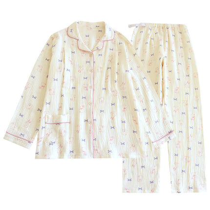 Women's Crepe Lapel Pajamas suit Pregnant Women's Four Seasons Long Sleeve Trousers Cotton Double Gauze Outer Wear Home Wear