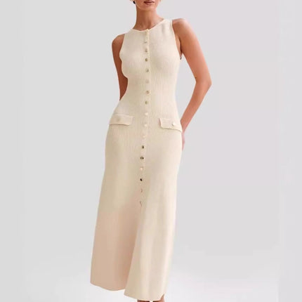 Cross-Border European and American Clothing Aliexpress Hot Wholesale European and American Style Women's Solid Color Sleeveless Knitted Mid-Length Dress