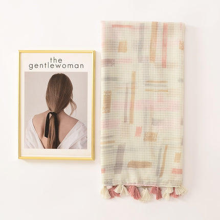 Elegant soft cotton and linen feel silk scarf colorful plaid geometric tassel large scarf travel sunscreen beach towel shawl