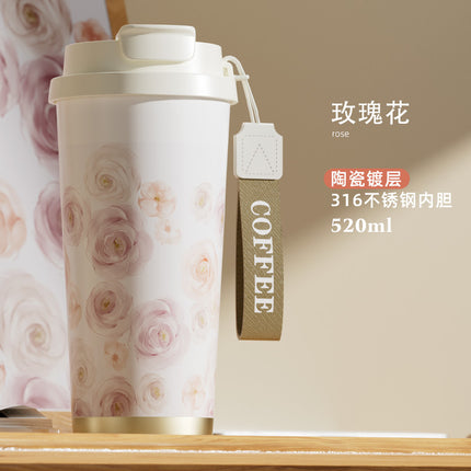 New Ceramic Thermos Coffee Cup for Girls, a Lucky Charm with High Aesthetic Value, Double Drinking Cup, Lily of the Valley Gift Cup