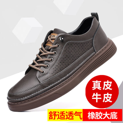 Summer men's shoes thin perforated sneakers sports casual leather shoes trendy genuine leather thick bottom breathable hollow hole shoes