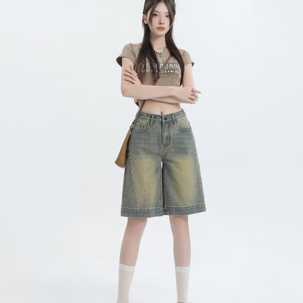 American Retro Old Washed Denim Shorts New Loose Slimming High Waist Non-bullet Mid-length Pants