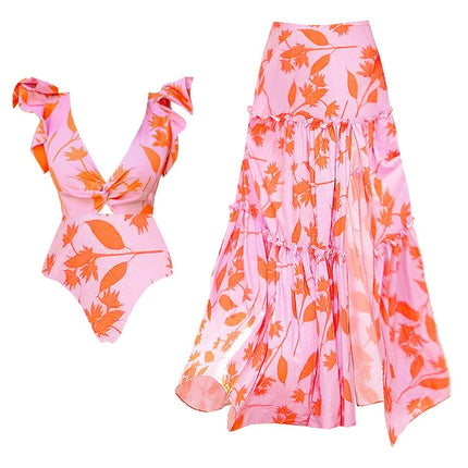 2024 European and American Swimwear New V-neck Ruffled Seaside Holiday Printed One-piece Swimsuit suit Women's Cross-border 25084