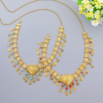 Bohemian Color Imitation Turquoise Waist Chain Ethnic Style Retro Love Coin Tassel Body Chain Female Xinjiang Travel Shooting
