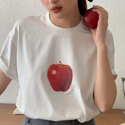 Same-Day Delivery, a Apple Printed Short-Sleeved Cotton Collar, French Niche Pure Cotton