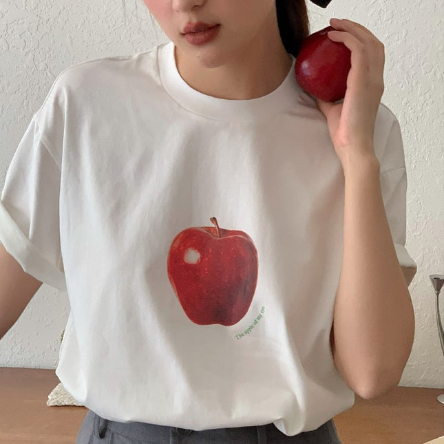 Same-Day Delivery, a Apple Printed Short-Sleeved Cotton Collar, French Niche Pure Cotton
