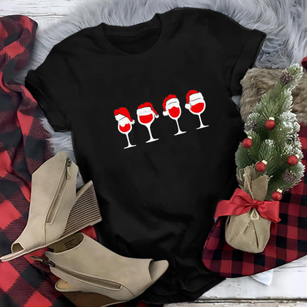 Women Casual Fun Crew Neck Tees Christmas t Shirt Red Wine g