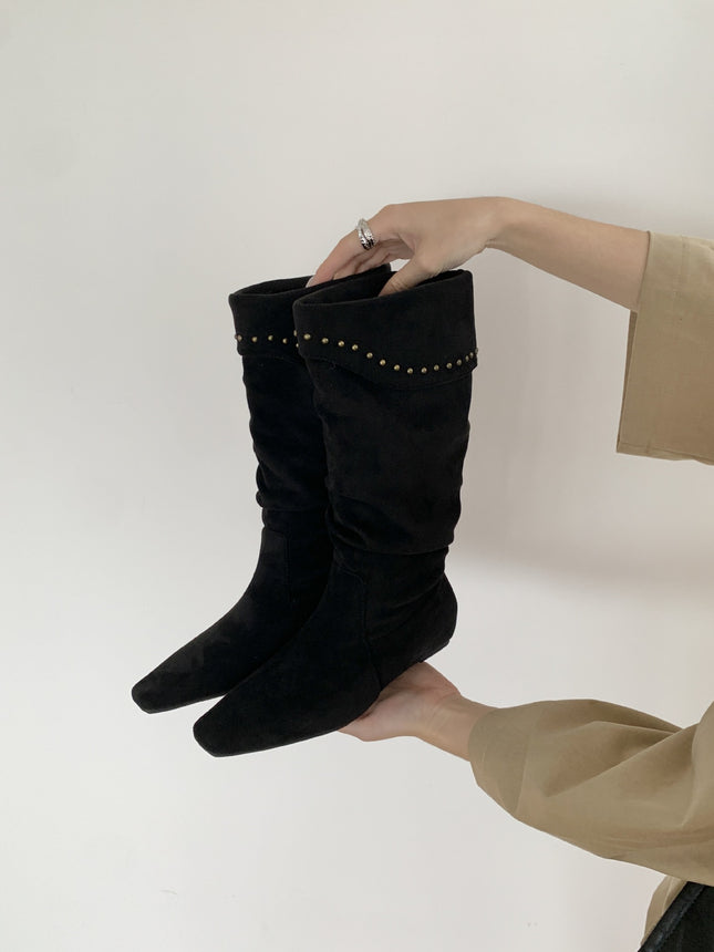 Sheepskin Version ~ French Niche Pointed Toe Wedge Heel Pile Boots Western Cowboy Boots for Women 2025 High Boots Slim Short Boots