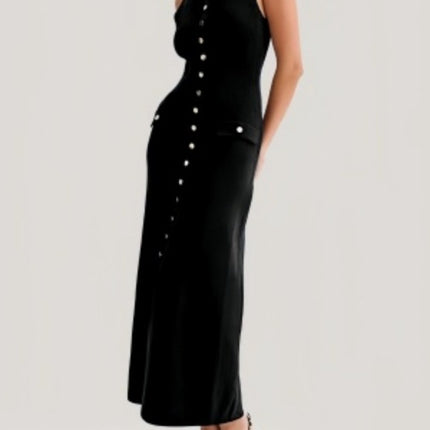 Cross-Border European and American Fashion Aliexpress Popular Round Neck Sleeveless Dress Single-Breasted High Waist Slim Party Banquet Long
