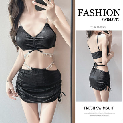 Swimsuit Feminine Bikini Diamond Chain Glitter Powder Push-Up Three-Piece Slimming Split Three-Angle Resort Hot Spring Swimsuit