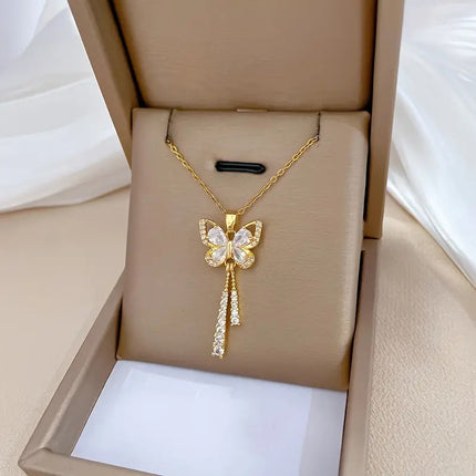 [Titanium Steel] Tassel Butterfly Light Luxury Fashion Simple Hollow Exquisite Necklace Women's All-match Collarbone Chain Pendant
