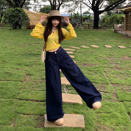 American-Style Dark Blue Drapey Wide-Leg Jeans for Women, 2025 Autumn and Winter New Straight Loose High-Waisted Slimming Floor-Length Pants