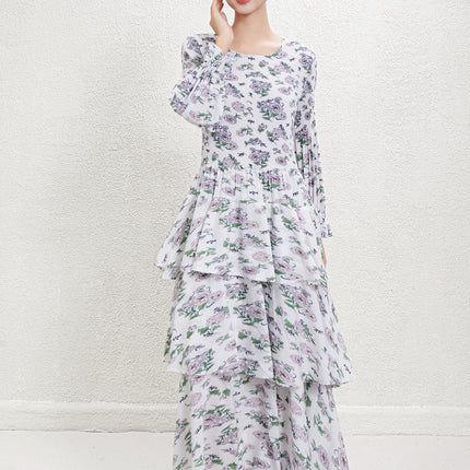 Black Crewneck Long Sleeve Floral Waist French Long Dress 2024 Autumn and Winter New Pleated Printed Cake Dress dress