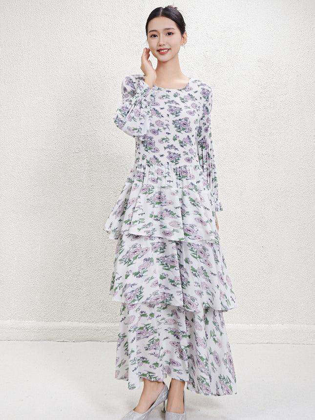 Black Crewneck Long Sleeve Floral Waist French Long Dress 2024 Autumn and Winter New Pleated Printed Cake Dress dress