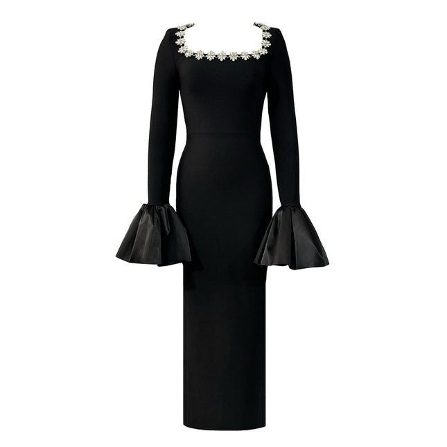Cross-border European and American Socialite Elegant Nail Drill Horn Sleeve Bandage dress Banquet Party Evening Dress