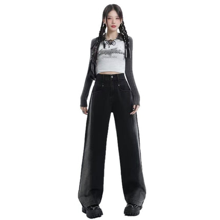 plus size Contrast Color Wide-leg Jeans Women's Fashionable All-match American Style High Waist Slimming High Street Design Sense Straight Long Pants