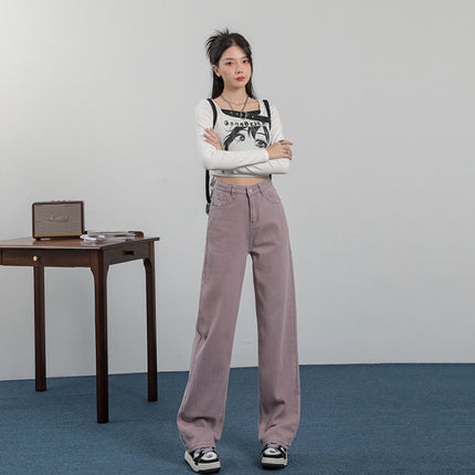 Dopamine Purple Autumn New High Waist Slimming Wide Leg Denim Mop Pants Women's Jeans Long Multicolor Pants