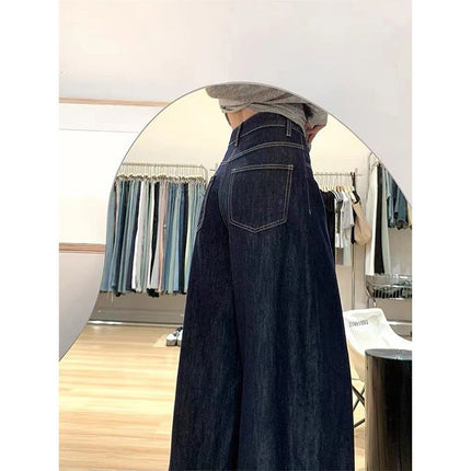 2025 Korean Women's dark blue Wide Leg Pants High Street New Design Sense High Waist Denim Pants Loose Mop