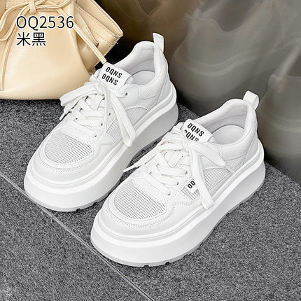 Mesh Sneakers for Women 2026 Summer New Casual Genuine Leather Thick-Soled Versatile Breathable Absorbent Sole White Shoes