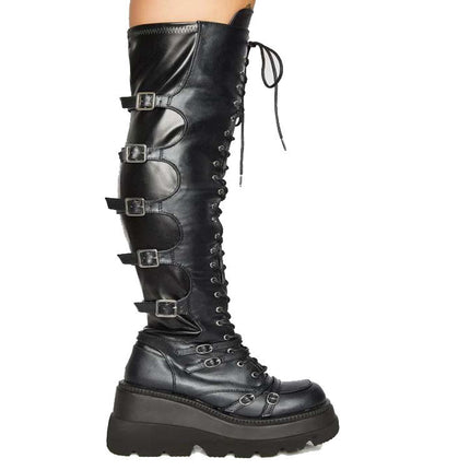 2021 new cross-border European and American plus size casual high boots Women's wedge lace-up belt buckle over-the-knee boots in stock