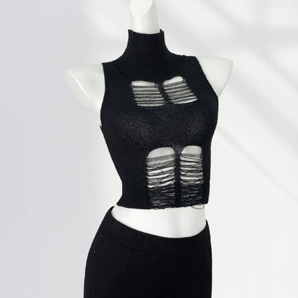 Hot Sweetheart Knitted Tight Vest Women's High Collar Open Waist Hole Hollow Sexy American Style Hot Girl Small Top Ins