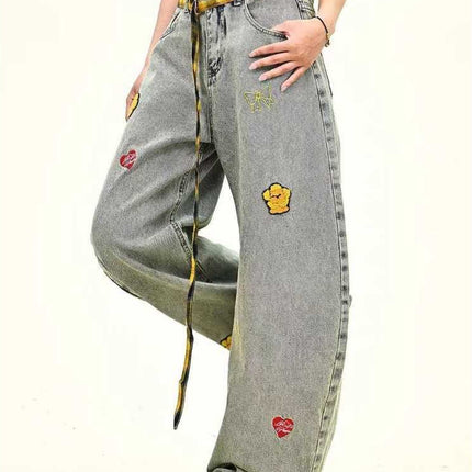 Plaid Belt Cartoon Embroidery Design Jeans for Women 2025 Summer New Loose Wide-Leg Floor-Length Pants
