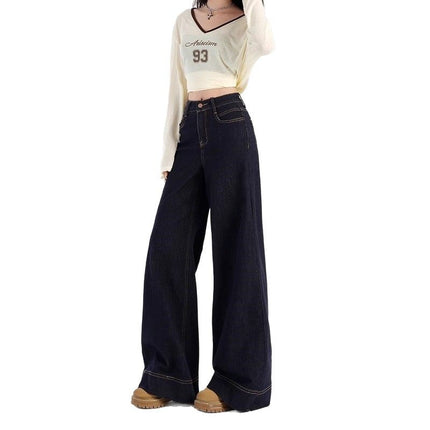 Tannin Blue Straight Micro Jeans Women's Trendy All-match New High Waist Stretch Slim-fit Wide-leg Long Pants