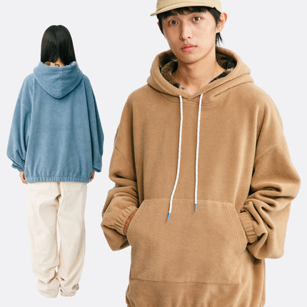 Black Fleet American Casual Style Unisex Versatile Hooded Warm Top Couple Style Hiking Fleece Solid Color Sweatshirt