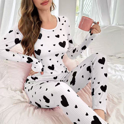 Cross-Border Temu Amazon Hot-Selling Comfortable and Simple Heart-Printed Pajamas for Women Long-Sleeved Pants Home Wear Set