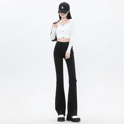 American-Style Black Flared Jeans for Petite Women, Summer New High-Waisted Slim-Fit Bootcut Floor-Length Pants