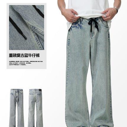 11Kn American Drawstring Bootcut Jeans for Men and Women Retro Blue Ripped Lightning Washed Slimming Look Casual Pants