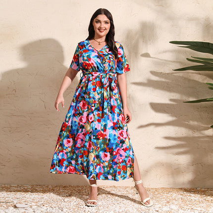 2025 Cross-border New French Elegant Elegant plus size dress Line-drawing Floral V-neck Short-sleeved Waisted Long Dress