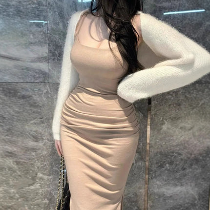 South Korea Dongdaemun Spring and Summer New Elegant Slim-fit Figure Split Hip Tight Mid-length Sling dress