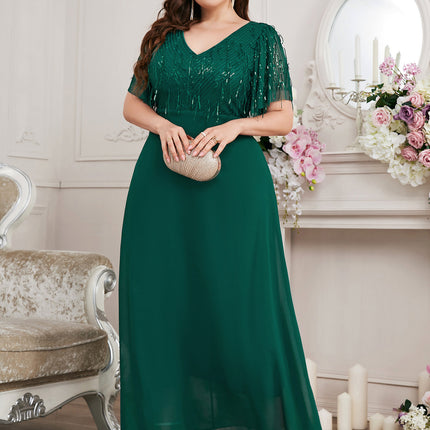 New V Neck Green Chiffon Tassel Pearlescent Elegant Evening Dress Cross-Border Popular Plus Size Women's Dress