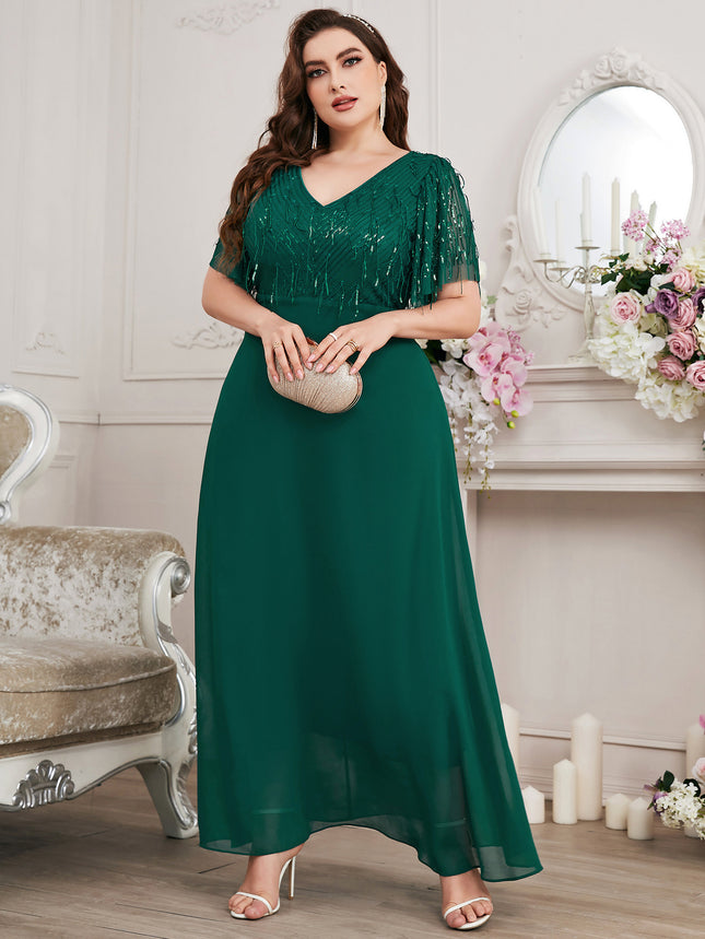 New V Neck Green Chiffon Tassel Pearlescent Elegant Evening Dress Cross-Border Popular Plus Size Women's Dress