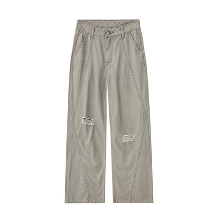 Jiamu American Retro Washed Vintage Trendy Loose Straight Slim Casual Ripped Wide-Leg Unisex Long Pants for Men and Women
