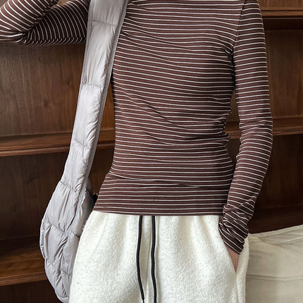 Lu Xi Half Turtleneck Stripesd Velvet Bottoming Shirt for Women 2025 Autumn and Winter New Style Inner Brushed Outer Top 2838