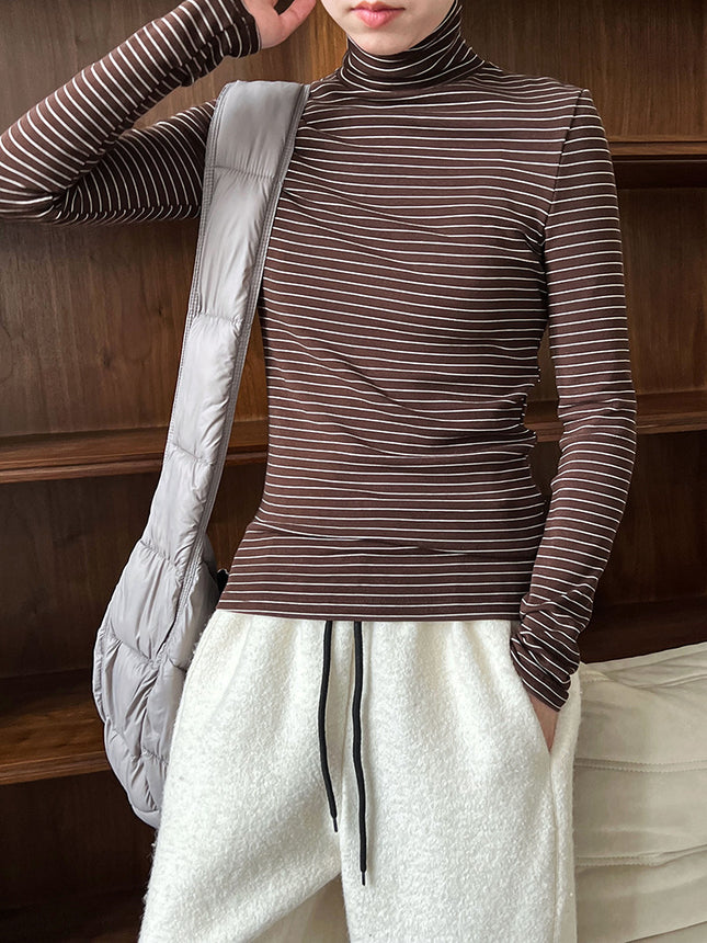 Lu Xi Half Turtleneck Stripesd Velvet Bottoming Shirt for Women 2025 Autumn and Winter New Style Inner Brushed Outer Top 2838