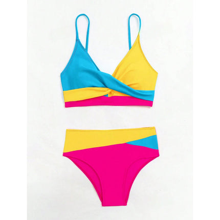 Cross-border Color Split Swimsuit Women's European and American Bikini New Sexy Gather High-end Backless High-waist Bikini