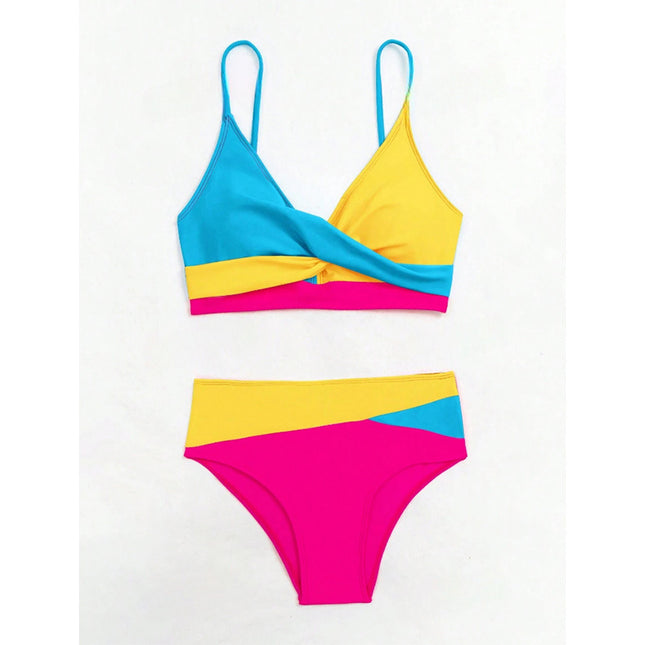 Cross-border Color Split Swimsuit Women's European and American Bikini New Sexy Gather High-end Backless High-waist Bikini