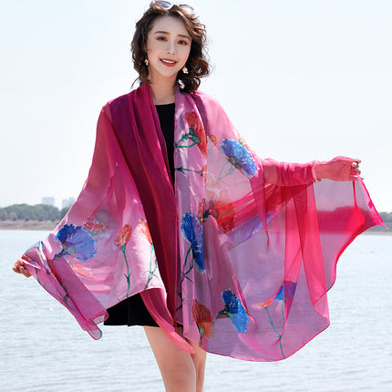 Seaside Sunscreen Silk Scarf Imitation Silk Scarf Spring and Summer Joker High-grade Printed Beach Scarf Silk Scarf Shawl Wholesale