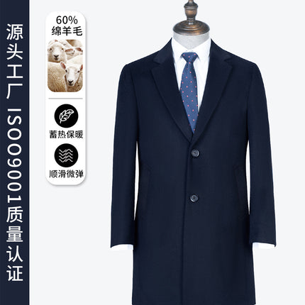 Woolen Outwear Men's Autumn and Winter Mid-Length Navy Blue Professional Formal Single-Breasted Wool Outwear Woolen Outwear