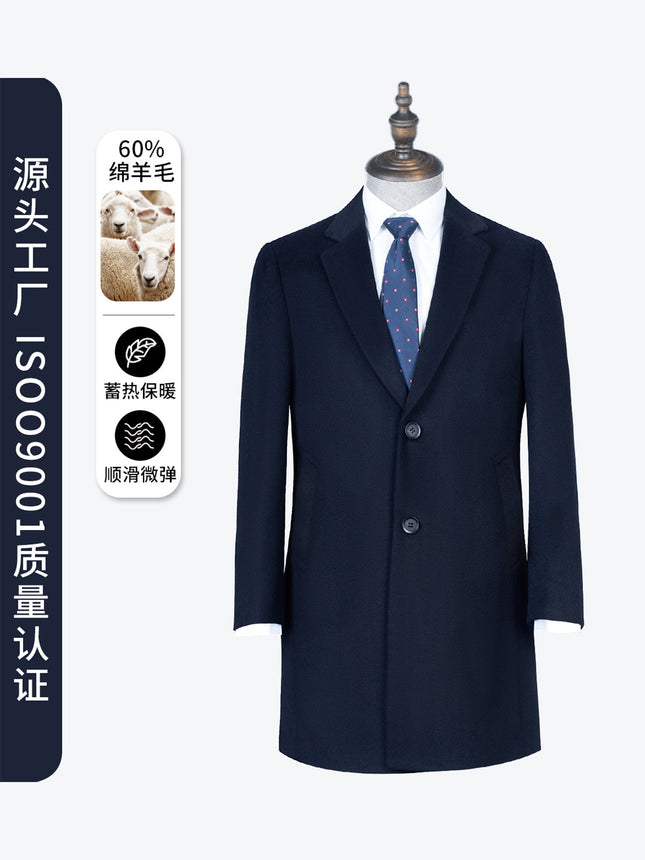 Woolen Outwear Men's Autumn and Winter Mid-Length Navy Blue Professional Formal Single-Breasted Wool Outwear Woolen Outwear