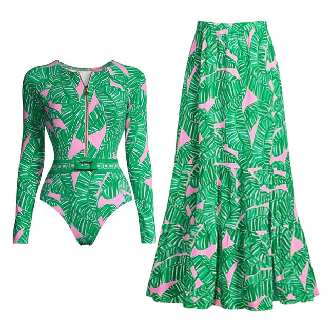 2025 European and American Swimwear New Long-Sleeved Zipper Green Printed Surf Suit Women's Cross-Border Hot Style 25150