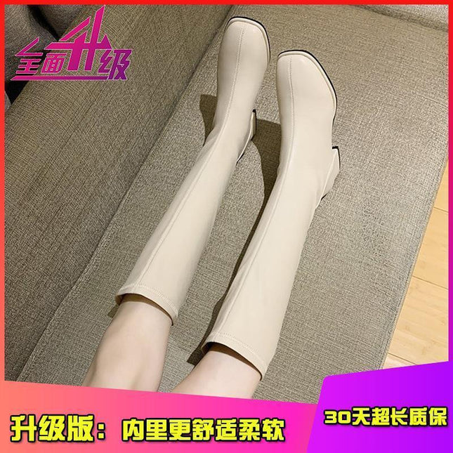 Women's Knee-High Boots 2025 Autumn and Winter New High-Top Riding Boots with Chunky Heels, Leather Boots, Long High-Heeled Boots with Fleece, Trendy