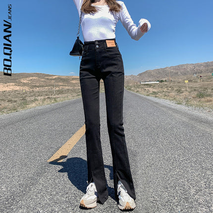 Fleece-Lined Thick Black Flared Jeans with Slits for Women, High-Waisted, Slimming, Autumn and Winter 2025 New Style, Extended Length Pants